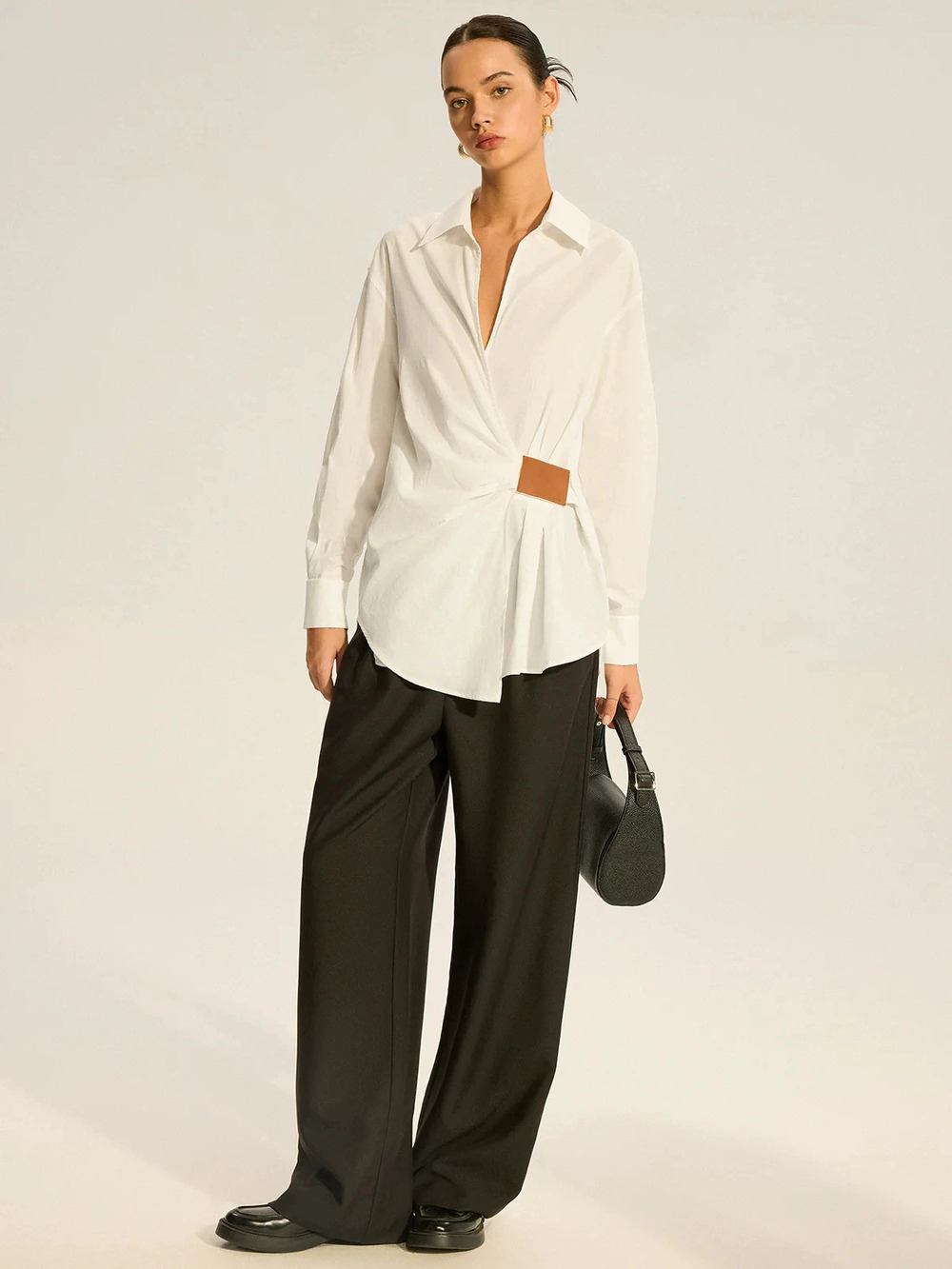 ZARA Long Sleeve Leather Patchwork Shirt Pleated Collar Slim Fit Versatile